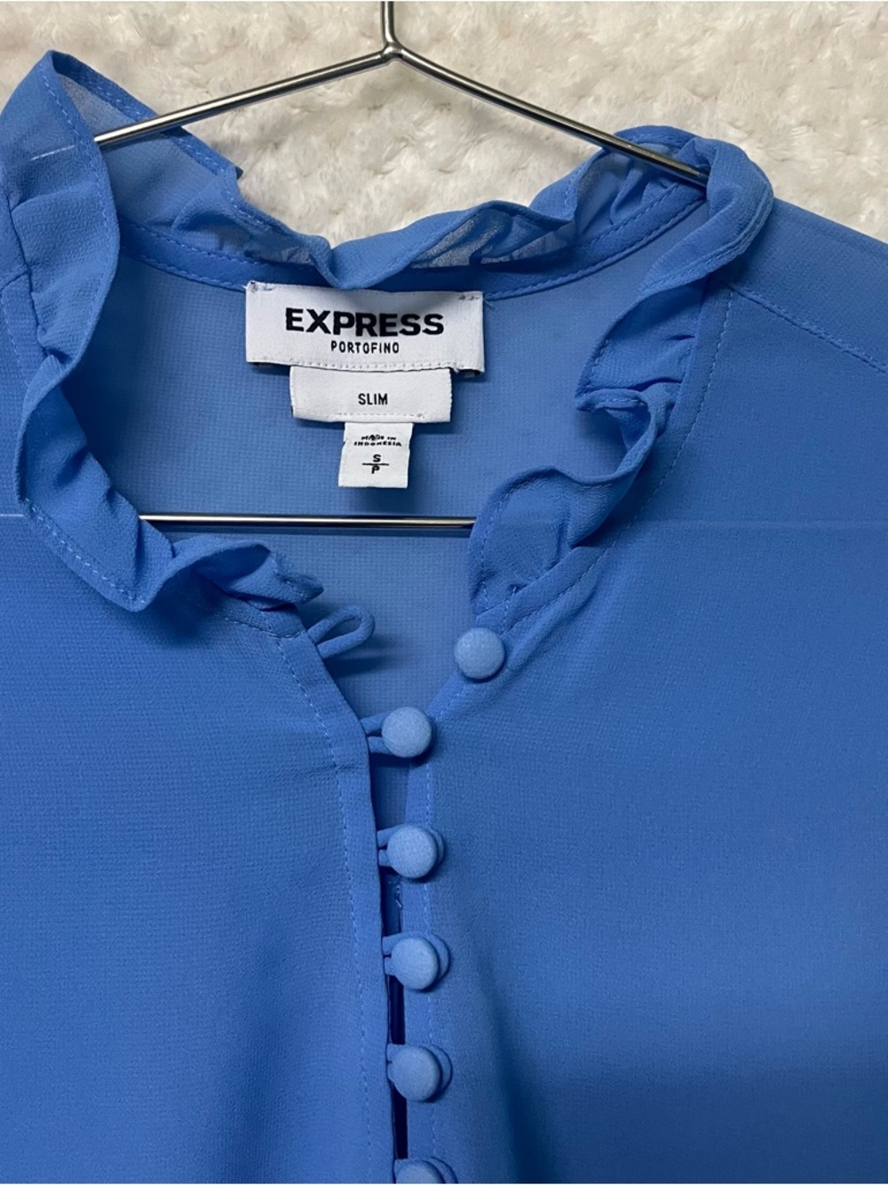 Express Long Sleeve Blouse Blue Ruffle-Neck Button Front Blouse Lightweight Sz S - Picture 2 of 9